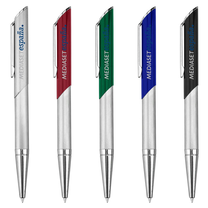 A collection of metal pens in silver, red, green, blue, and black, each featuring a logo.