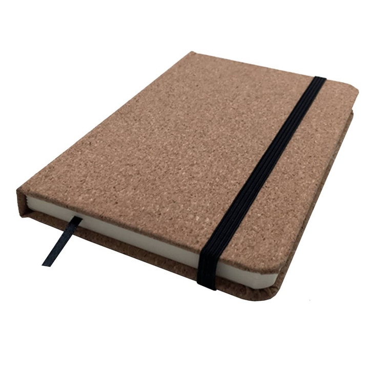 A6 cork soft wood notebook with a natural cork cover and an elastic band closure, featuring a black spine.