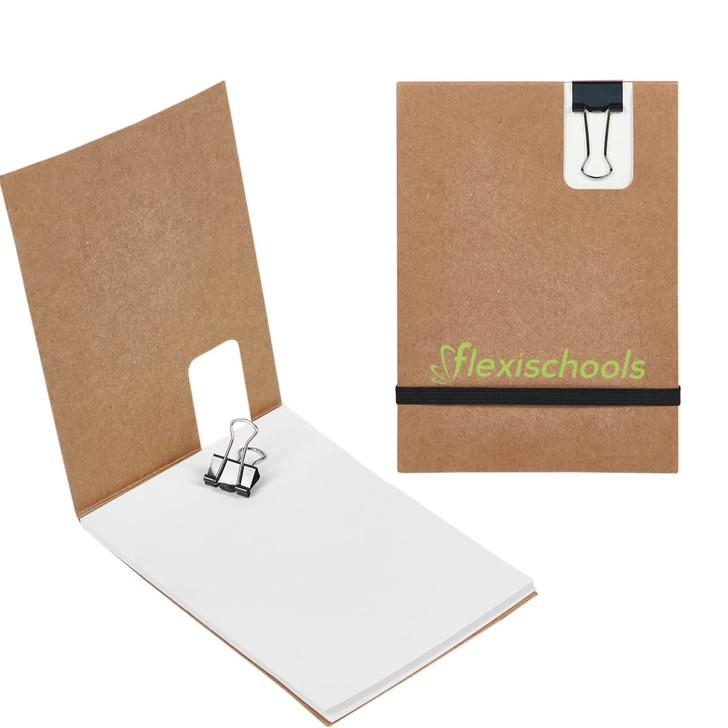 A brown Flexi Notebook with a black elastic band and a paper clip, featuring a green logo on the cover.