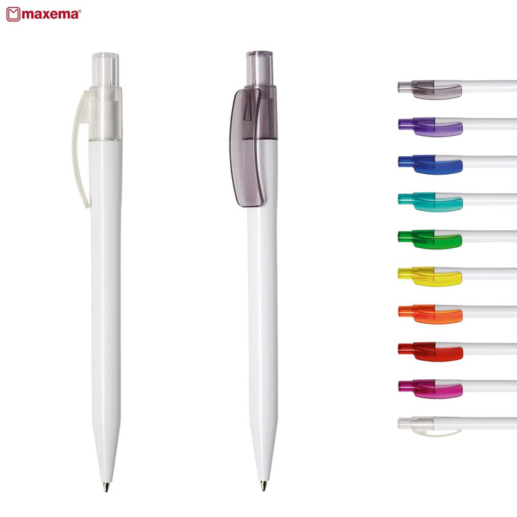 A selection of plastic pens in various colours, featuring a white body with coloured tips and a logo.