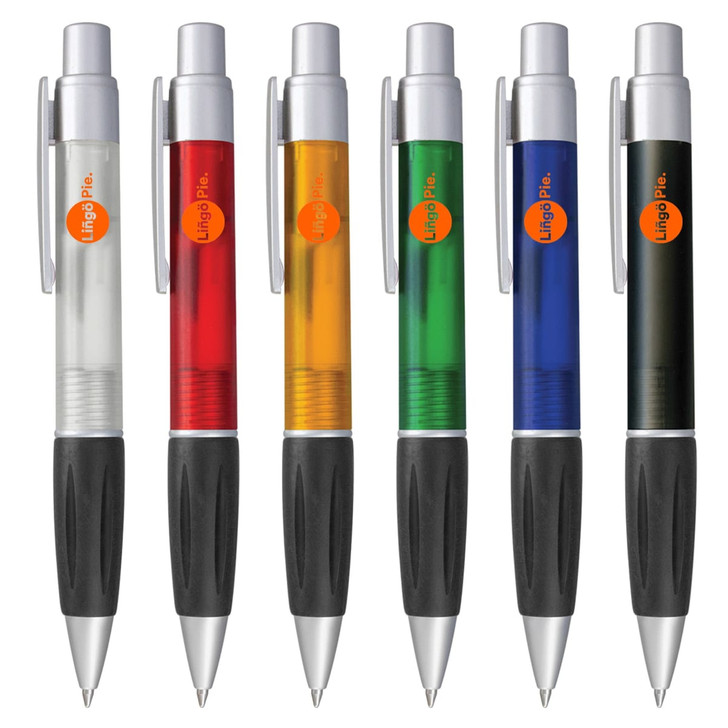 A collection of plastic pens in clear, red, orange, green, blue, and black, each with a clip and a branding logo.