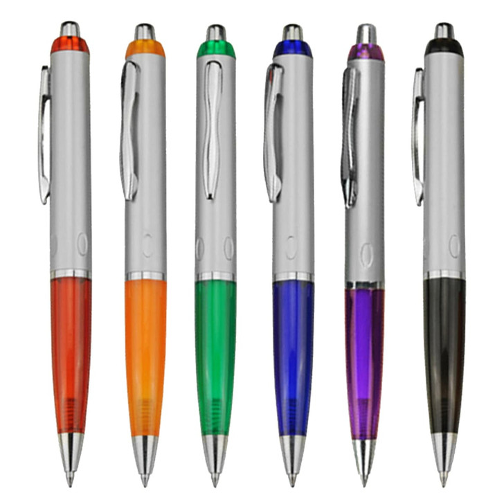 A collection of plastic pens in orange, green, blue, purple, and black, featuring silver accents and logos.