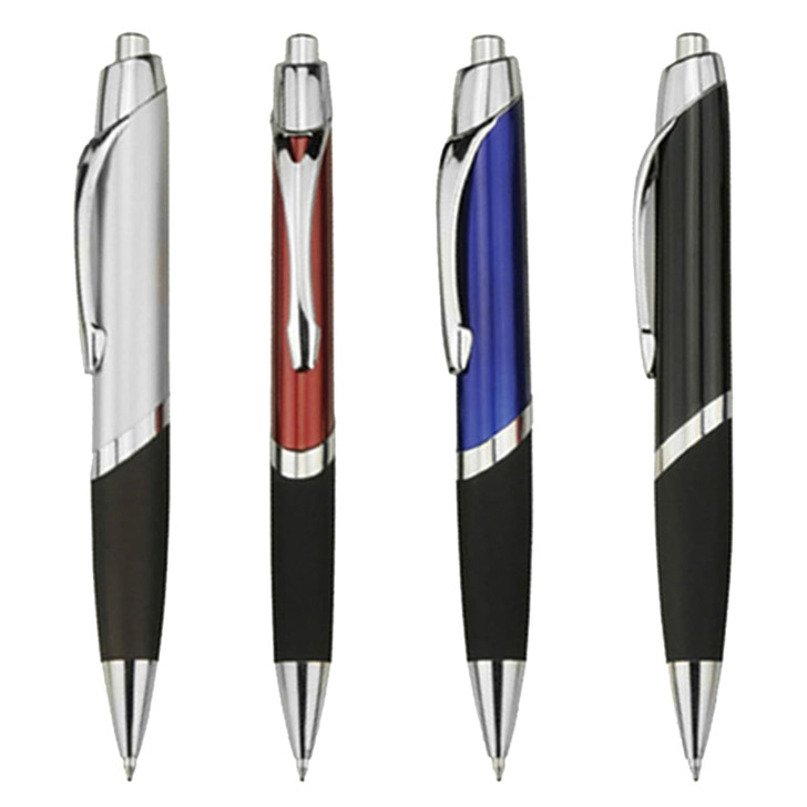 A selection of four plastic pens in silver, red, blue, and black, each featuring a sleek design with a logo.