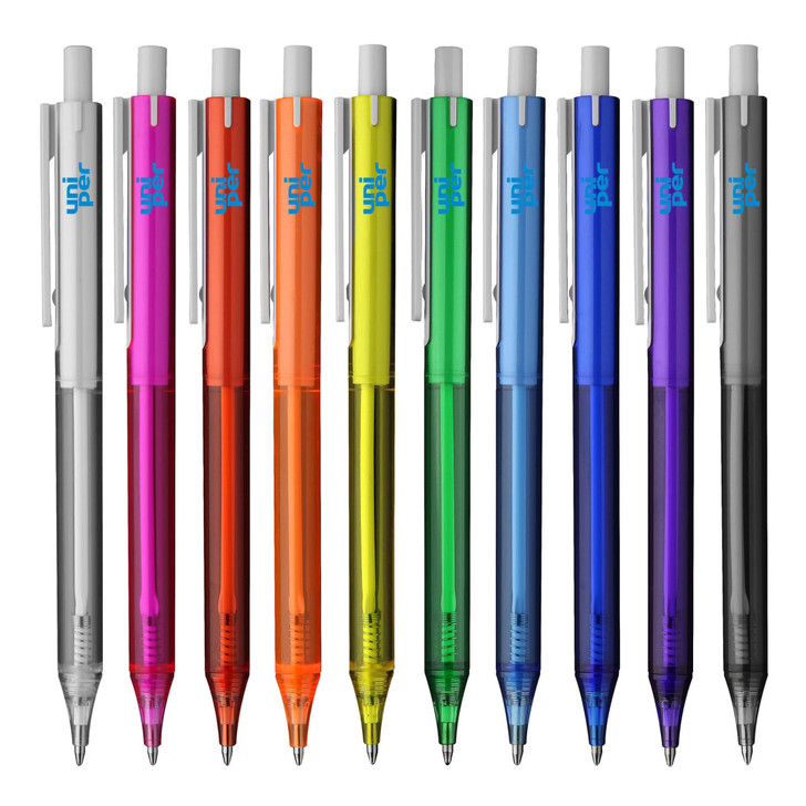 A collection of plastic pens in various vibrant colours, featuring a logo on each pen.