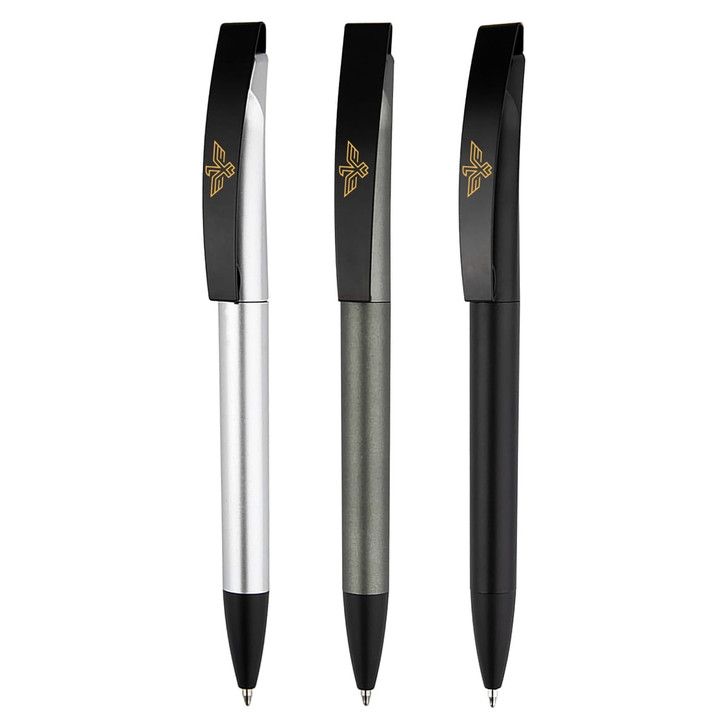 Three plastic pens in silver, grey, and black, featuring a logo on the clip.