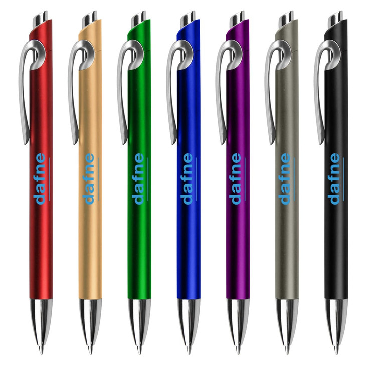 A set of plastic pens in red, gold, green, blue, purple, and silver, each with a clip and branding.
