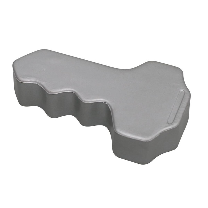 A grey key-shaped stress keyring with a smooth surface and ergonomic design. It has a simple branding logo.