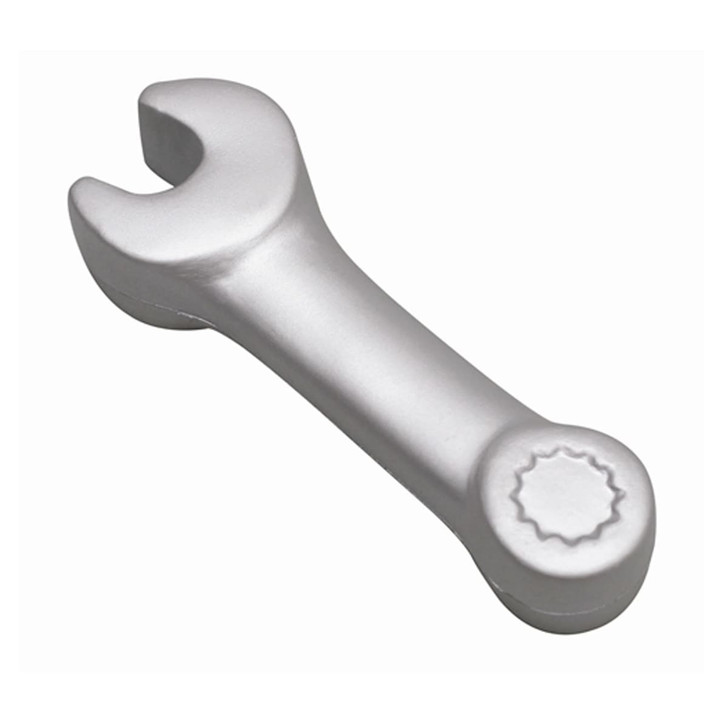 A silver stress spanner shaped like a wrench, featuring a round detailing at one end and an open end at the other.