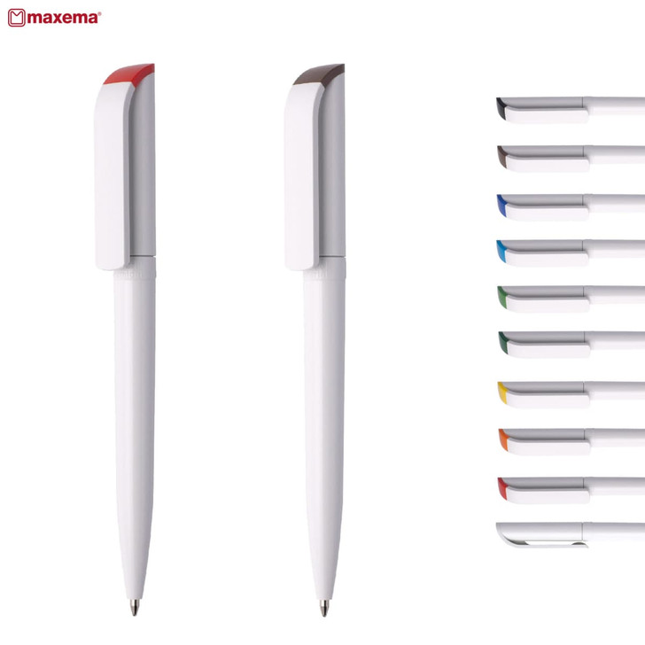 A collection of plastic pens in various colours, featuring a white body and a clip with contrasting caps.