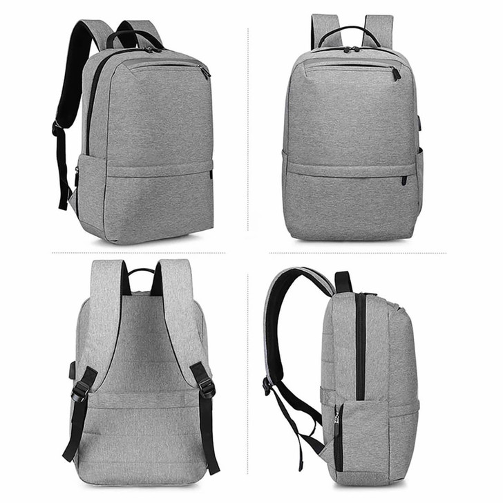 A grey Techpac laptop backpack shown from multiple angles, featuring adjustable straps and a logo.