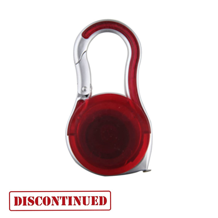 A red carabiner tape measure with a shiny silver clip and a logo on the side.