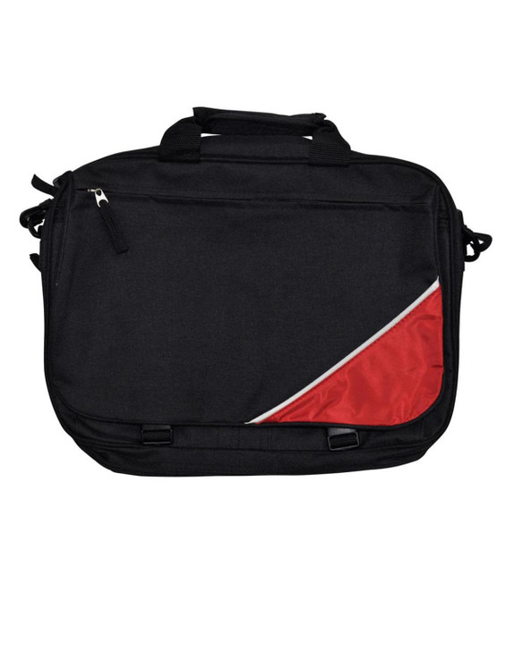 A black satchel/shoulder bag with a red accent and a logo on the front. Features two handles and a zip closure.