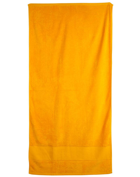 A bright yellow terry velour beach towel, measuring 75x150 cm, featuring a simple design and a logo.