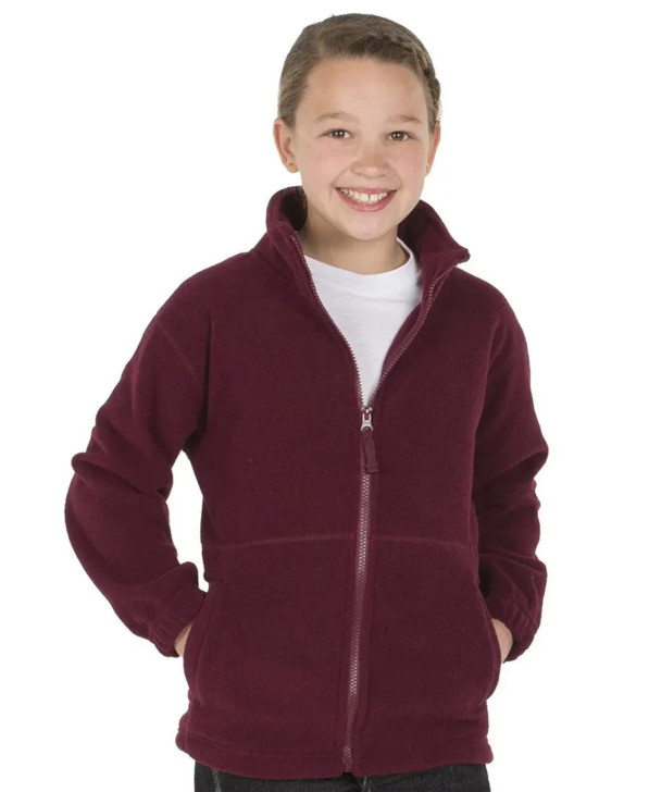 A maroon polar fleece jacket worn by a smiling child, featuring a front zipper and two pockets.