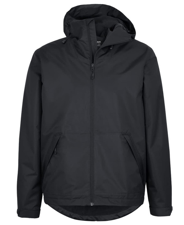 A black rain jacket with a hood, featuring zipper pockets and a logo on the front.
