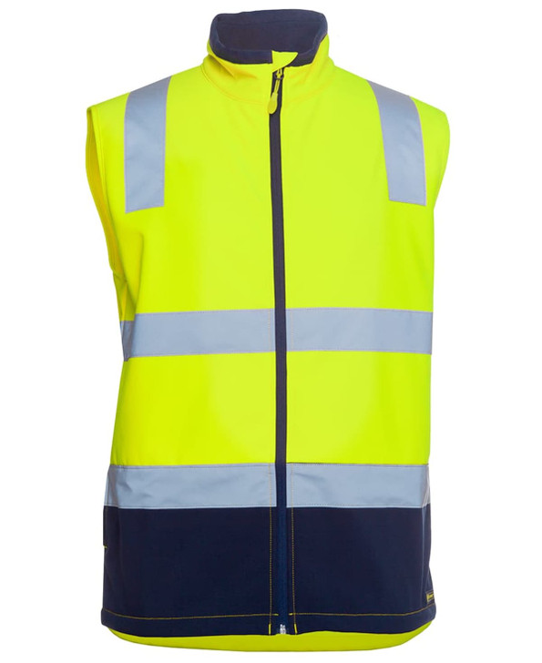 A high-visibility softshell vest in fluorescent yellow with navy blue accents and reflective strips, featuring a logo.