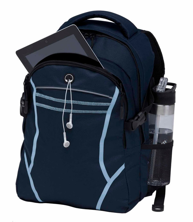 A navy backpack features a front pocket, headphone port, and a side mesh pocket with a drink bottle. An iPad is inside.