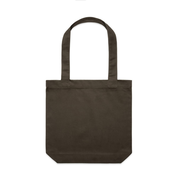 A dark brown tote bag featuring two shoulder straps and a simple design, with a logo on one side.