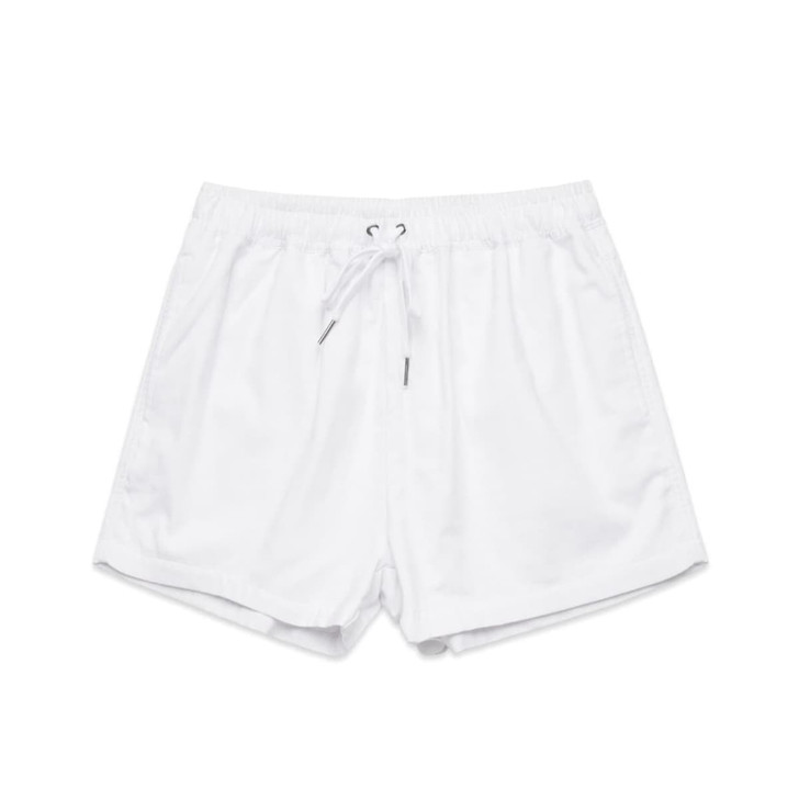 A pair of white dress shorts featuring an elastic waistband with a drawstring and a logo.