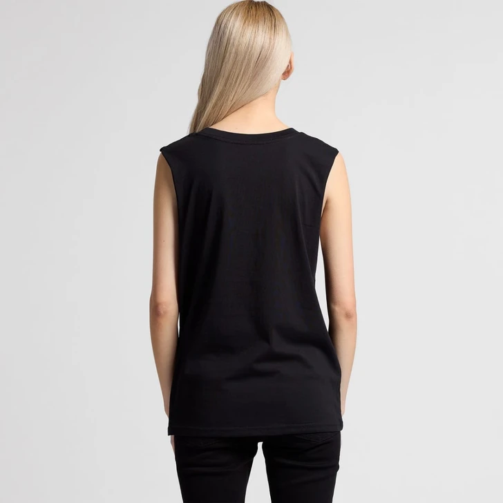 A black sleeveless tank top is displayed from the back, featuring a simple design and a logo.