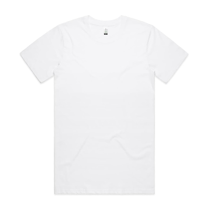 A white organic t-shirt with short sleeves, featuring a logo at the neckline.