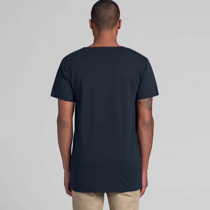 A dark navy T-shirt with short sleeves, featuring a branding label on the back.