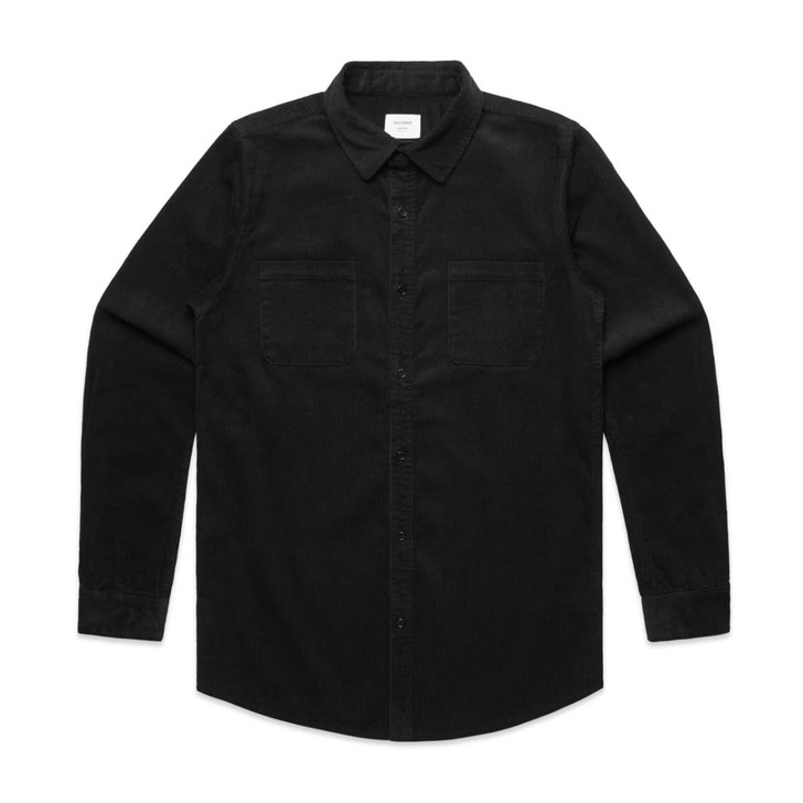 A black cord shirt featuring a button-up design and two chest pockets, with a collar and long sleeves.
