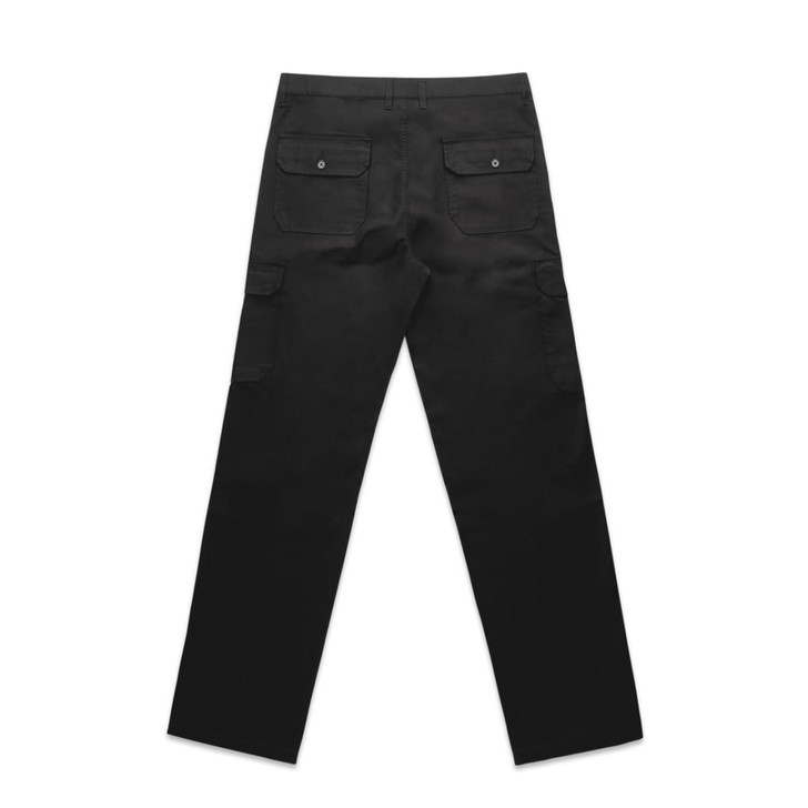 A pair of black utility cargo pants featuring two back pockets and side pockets. The pants have a logo.