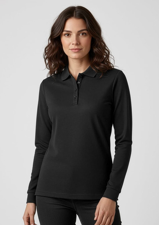 A black long sleeve polo shirt for women featuring a collar and button placket, with a logo on the left side.