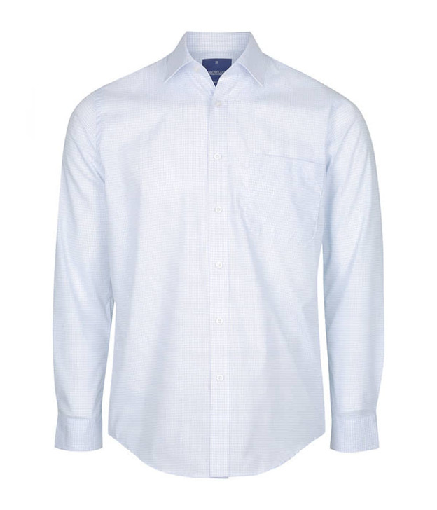 A button-up shirt featuring a light blue mini check pattern and a single chest pocket, with a branded label.