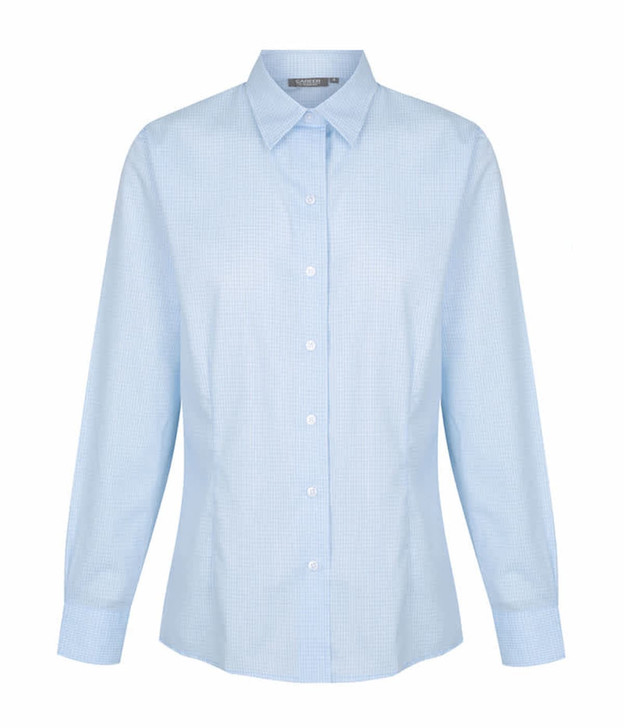 A light blue button-up shirt featuring a mini check pattern and long sleeves, with a collar and buttons down the front.