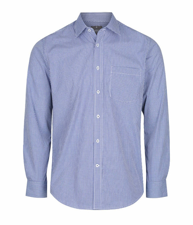 A blue and white checked button-up shirt with long sleeves and a chest pocket, featuring a logo.