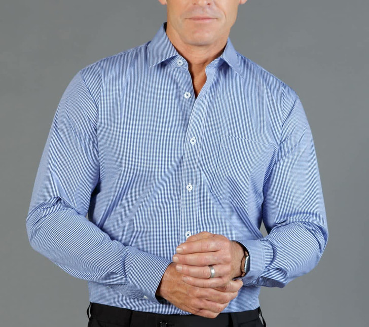 A button-up shirt in a blue and white gingham pattern, featuring long sleeves and a collar.