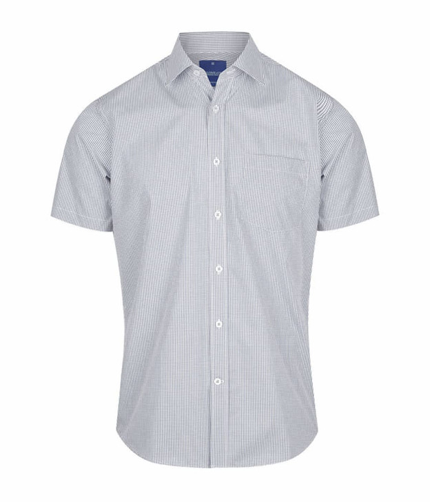 A button-up shirt featuring a blue and white gingham pattern, with a single chest pocket and a classic collar.