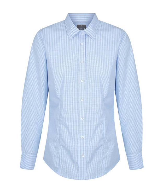 A light blue gingham button-up shirt with long sleeves and a collar, featuring a logo on the chest.