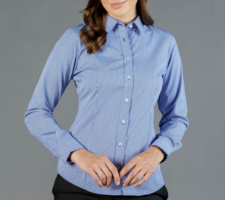 A button-up shirt in blue and white gingham pattern, featuring a collar and long sleeves.