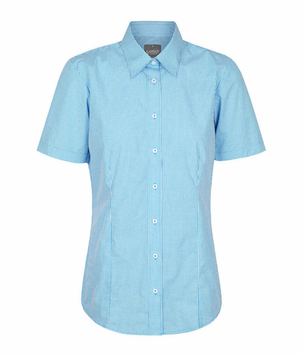 A short-sleeved button-up shirt in a light blue gingham pattern, featuring a collar and a logo.