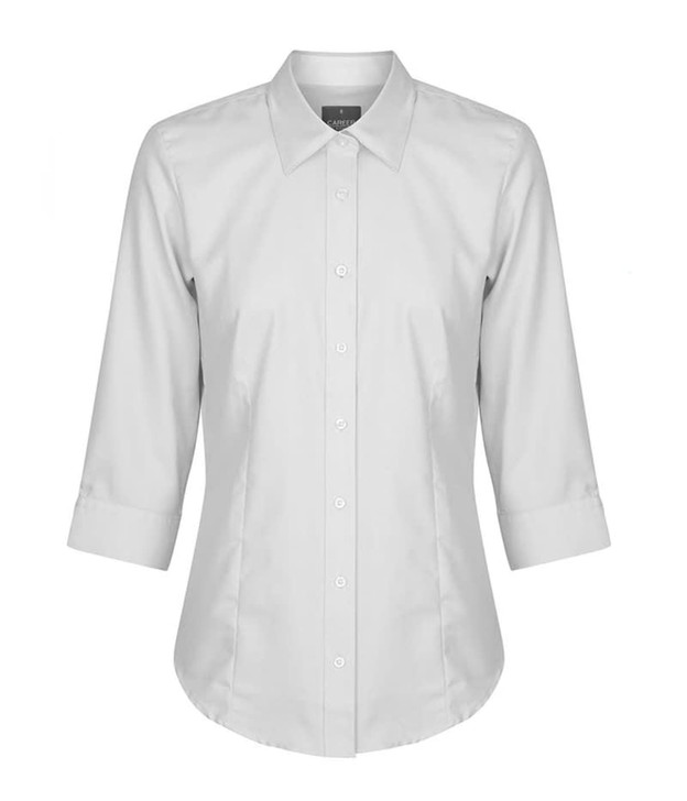 A button-up shirt in light grey with three-quarter sleeves and a classic collar, featuring a logo.