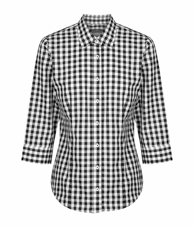 A black and white checkered button-up shirt with three-quarter sleeves and a collar. It features a logo on the inside.