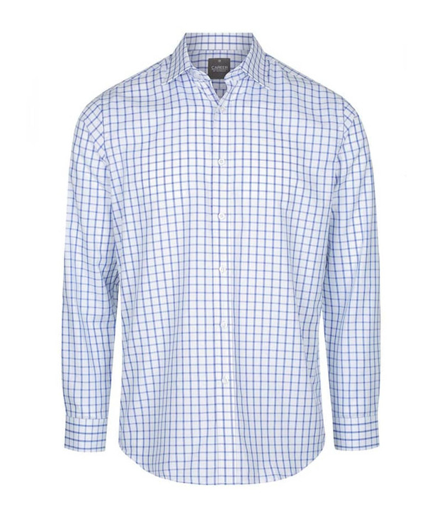 A button-up shirt featuring a blue and white check pattern, with long sleeves and a collar.