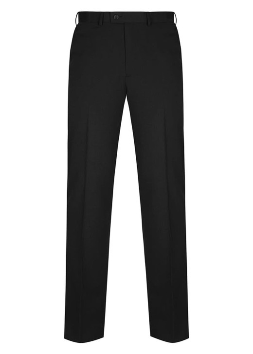 Black slacks with a classic cut, featuring a waistband and a logo on the back.