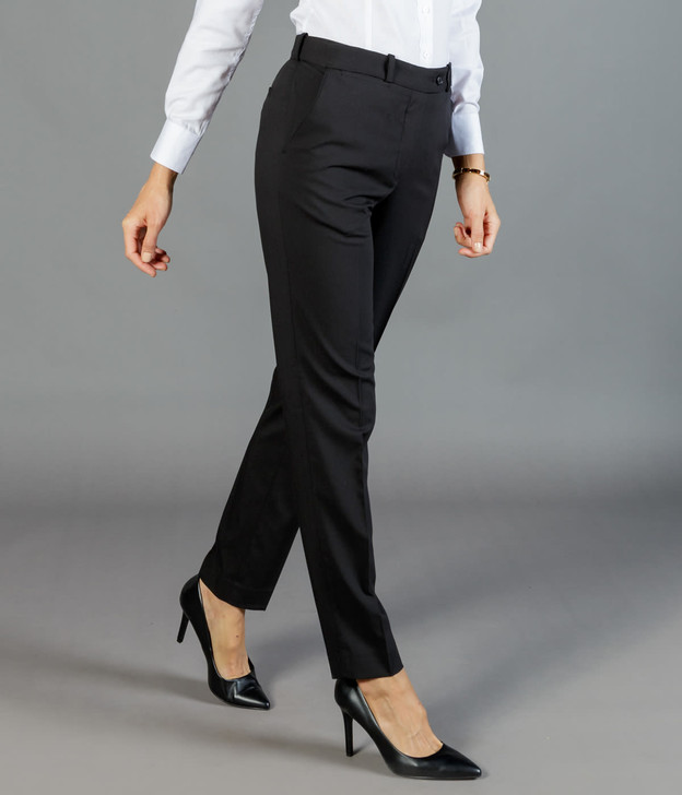 Black slim leg slacks featured on a model, paired with a white shirt and high heels. The background is grey.
