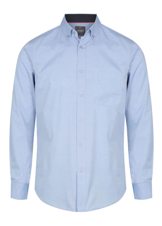 A light blue button-up shirt with long sleeves and a single chest pocket. It features a collar and has a logo.