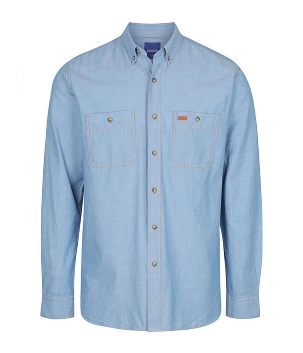 A light blue button-up work shirt featuring two chest pockets and a logo on the side.