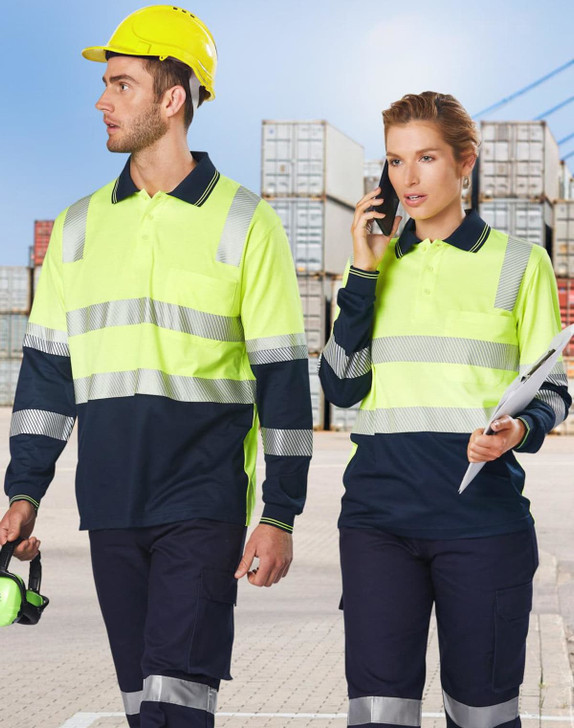 A high-visibility long-sleeve safety polo in luminous yellow and navy blue, featuring reflective stripes and logos.