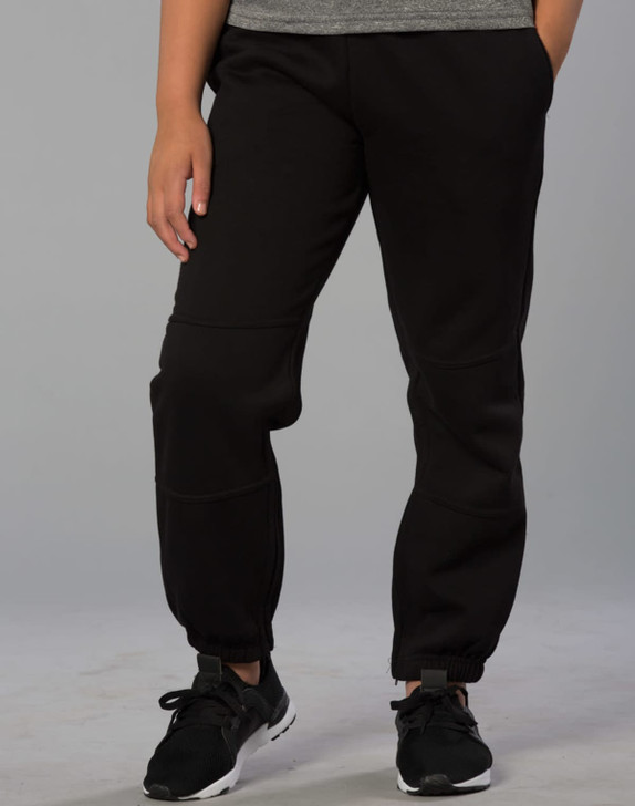 Kid's black fleecy trackpants with zip, cuffs, knee padding, and pockets, featuring a logo.