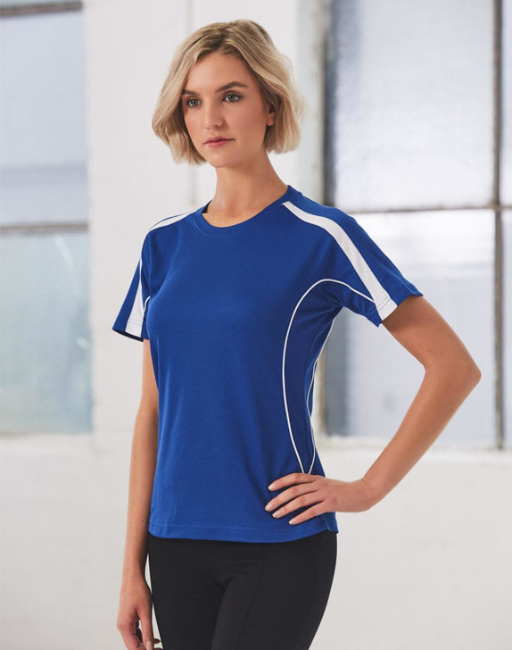 A blue ladies' T-shirt with white accents, featuring a logo on the front. Designed for casual wear.