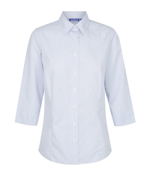 A light blue, striped women's shirt with three-quarter sleeves and a collar, featuring a logo on the label.