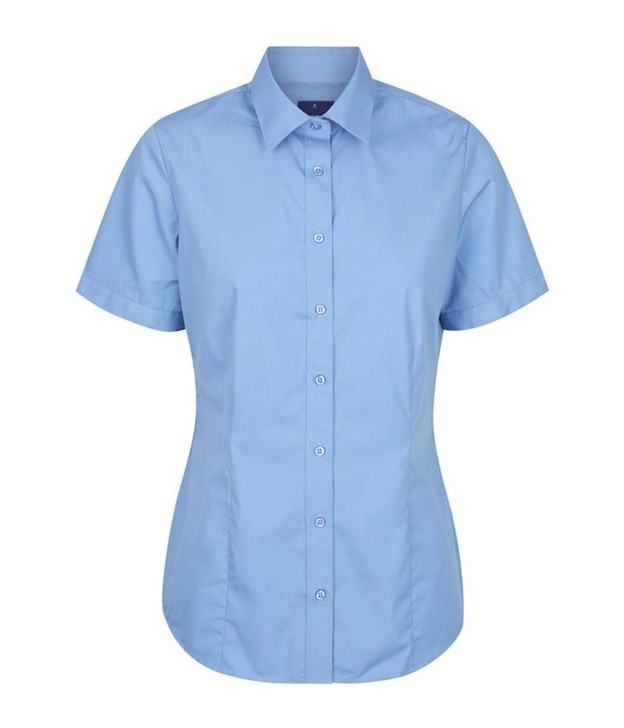 A short-sleeve button-up shirt in light blue with a collar and a front button placket, featuring a logo.