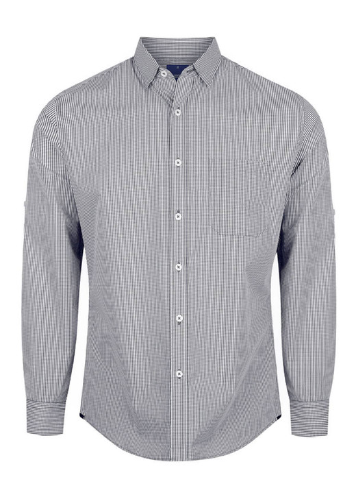 A button-up shirt featuring a black and white gingham pattern with long sleeves and a single chest pocket.